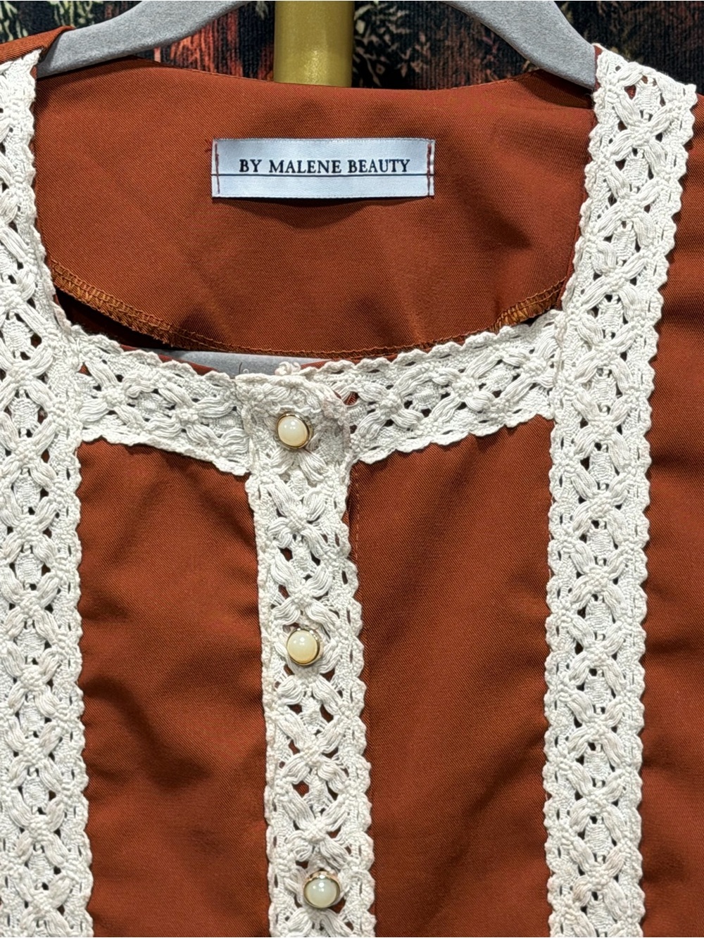 By Malene Beauty Rust Boho Crochet Trim Pearl Button Blouse - Picture 5 of 10